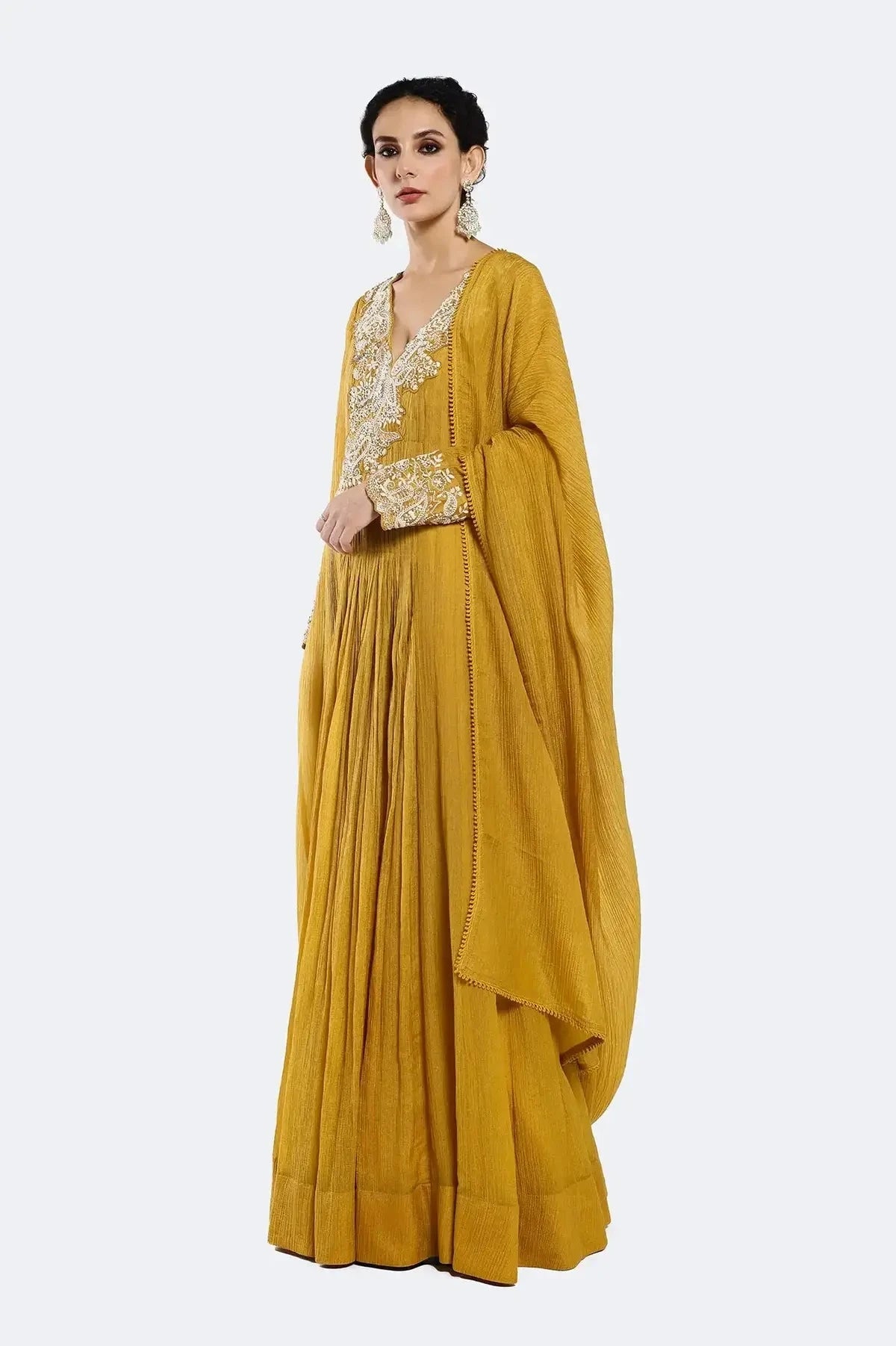 Embroidered Mustard Anarkali Suit Set - Pallodstore
