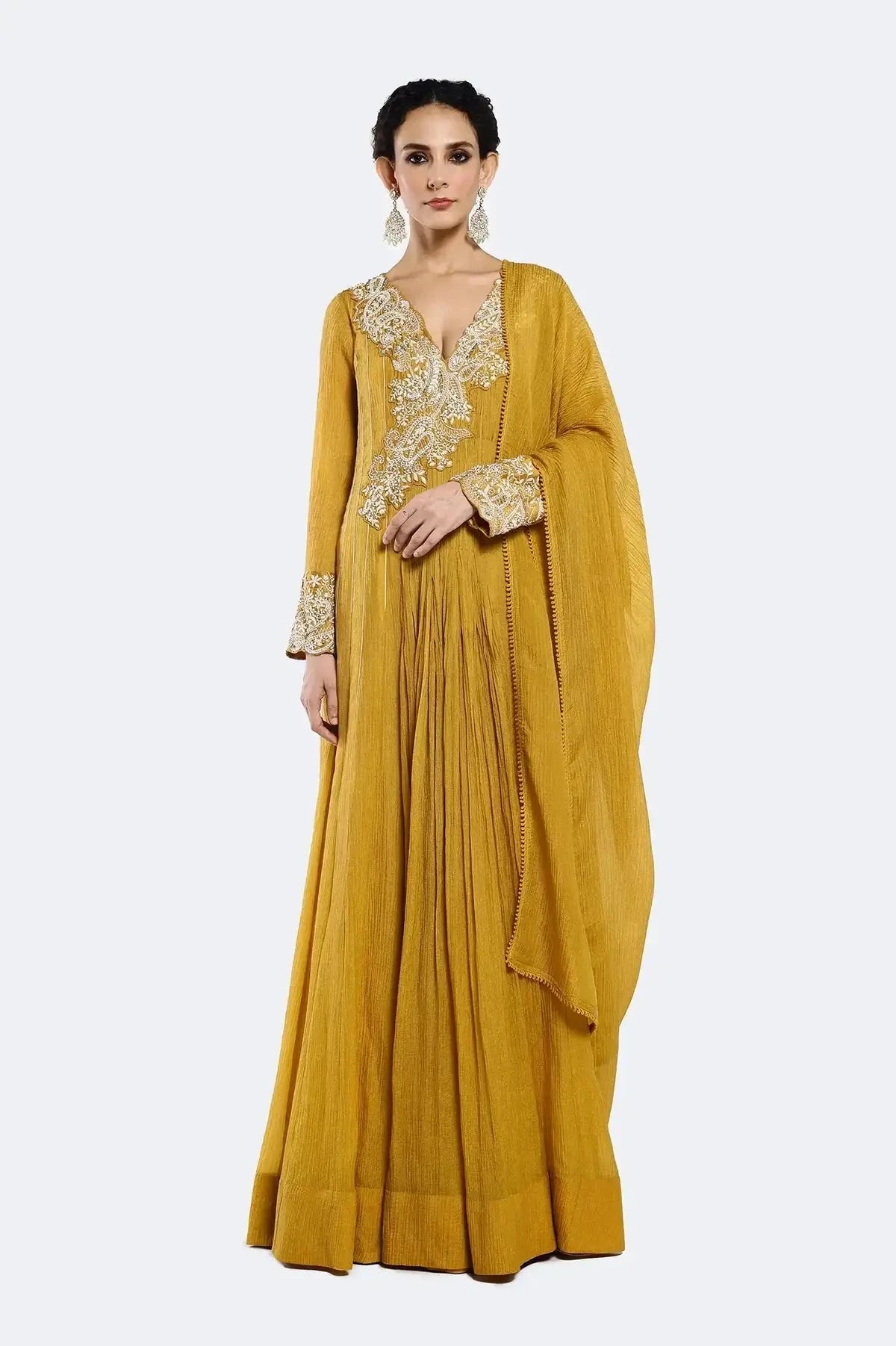 Embroidered Mustard Anarkali Suit Set - Pallodstore