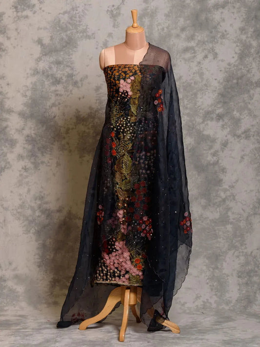 Embroidered Navy Blue Printed Organza - Pallodstore
