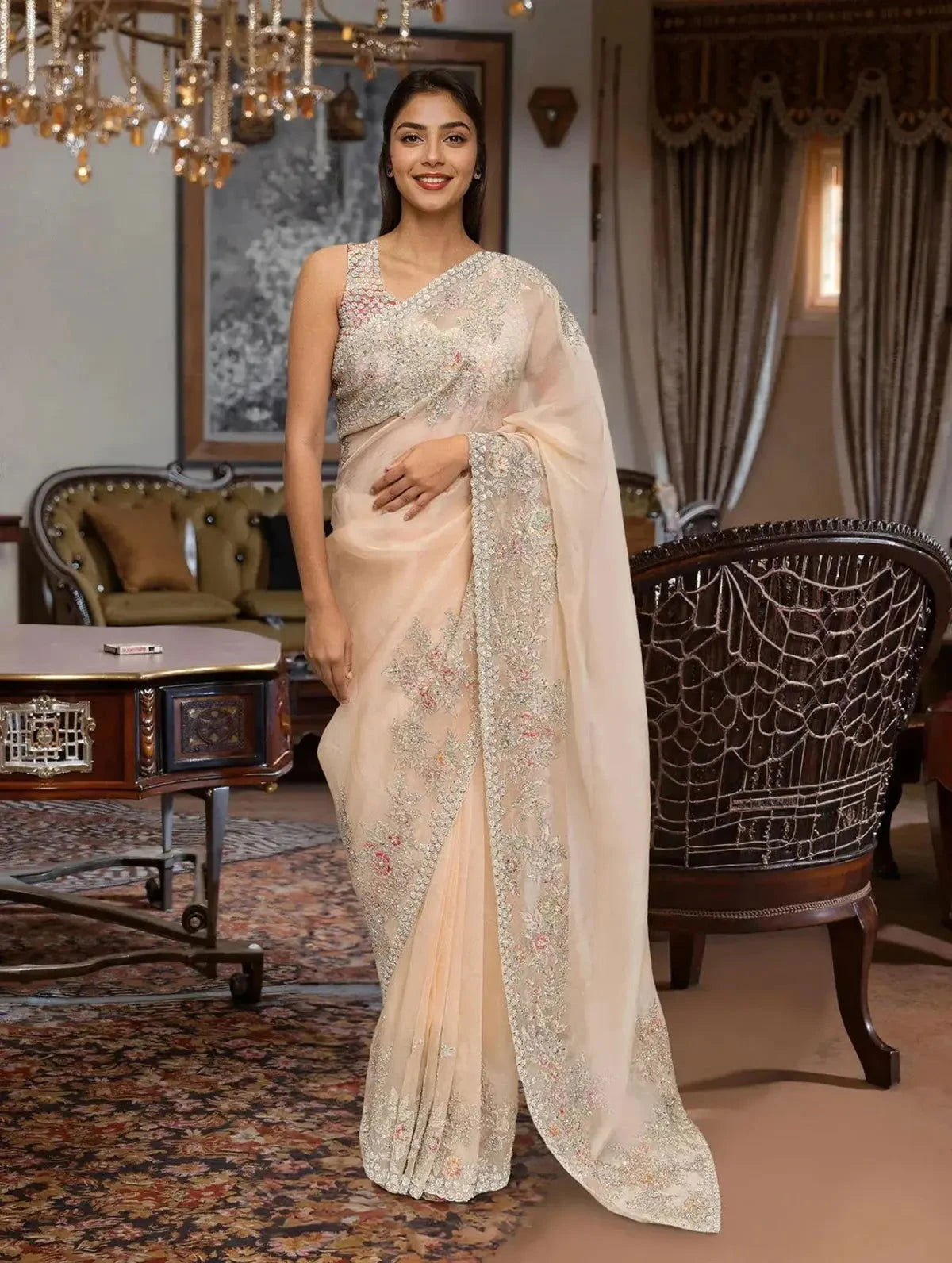Embroidered Organza Beige Saree - Pallodstore