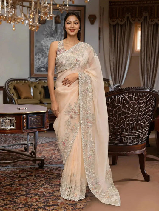 Embroidered Organza Beige Saree - Pallodstore