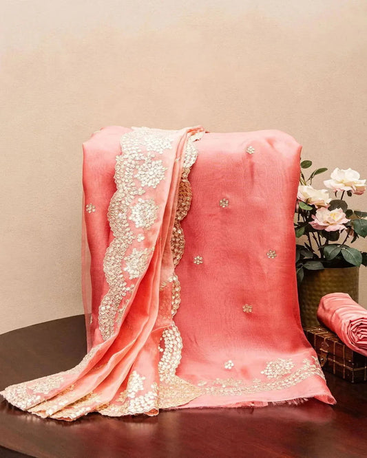 Embroidered Organza Coral Pink  Dress Material - Pallodstore
