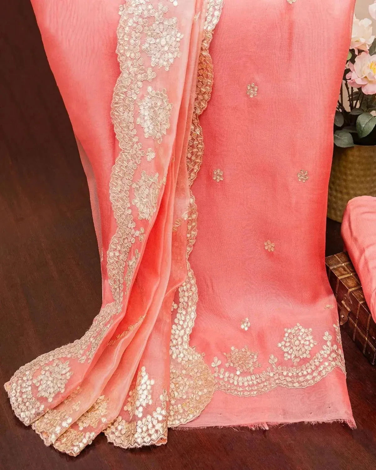 Embroidered Organza Coral Pink  Dress Material - Pallodstore