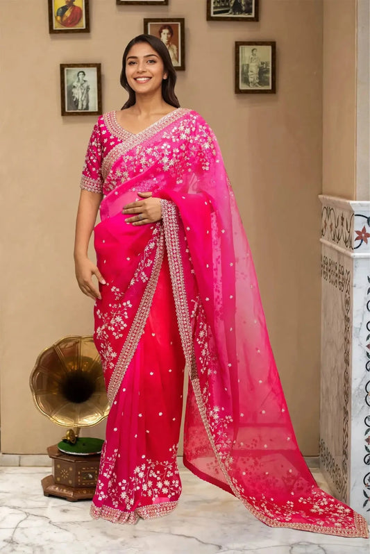 Embroidered Organza Hot Pink Saree - Pallodstore