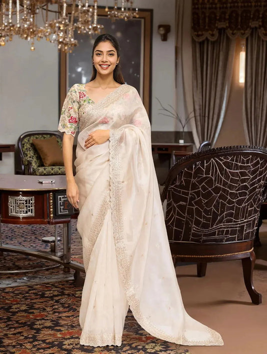 Embroidered Organza Ivory Saree - Pallodstore