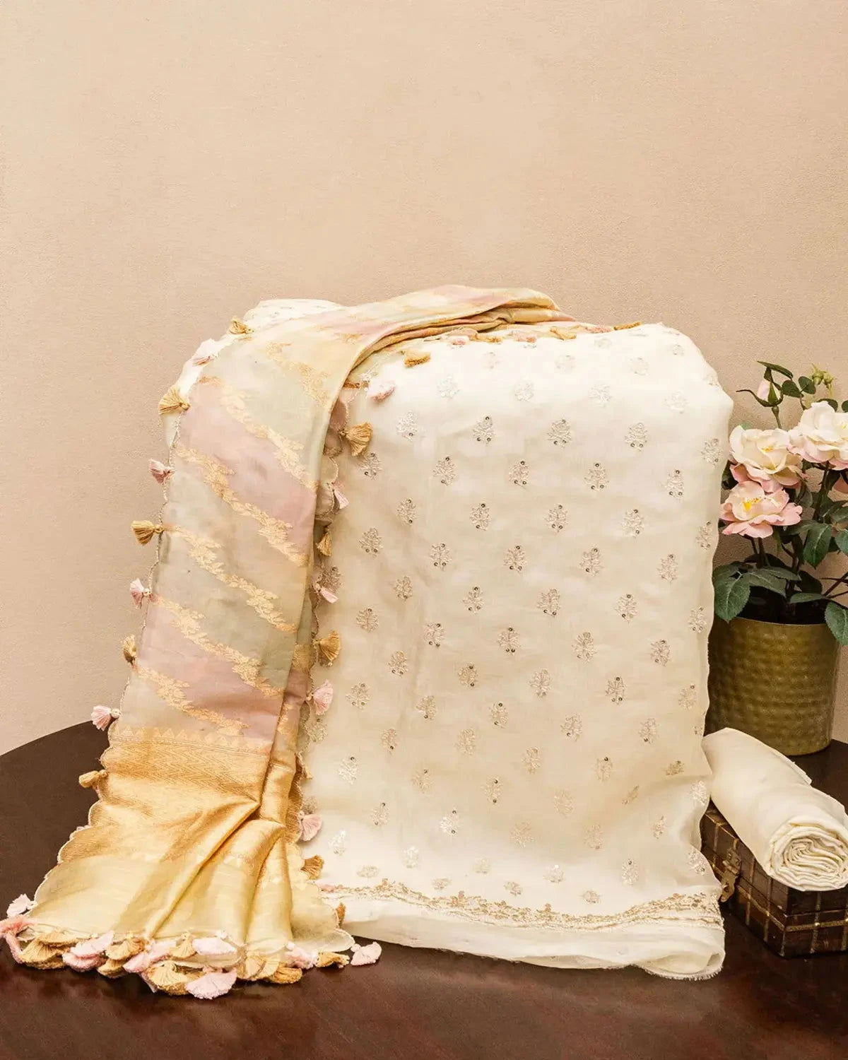 Embroidered Organza Ivory  Dress Material - Pallodstore