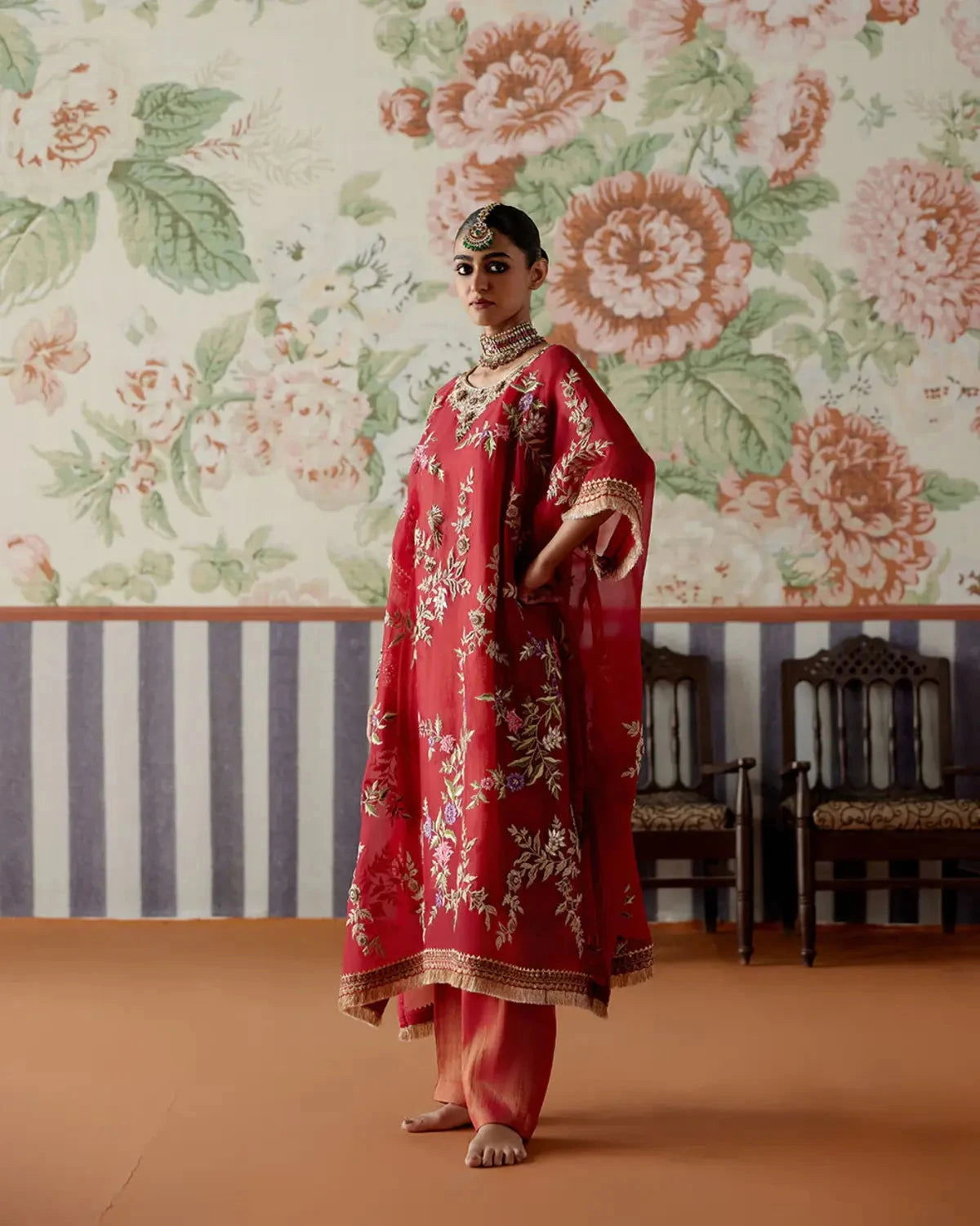 Embroidered Organza Kaftan Kurta with Tissue pants and Tissue inner - Pallodstore