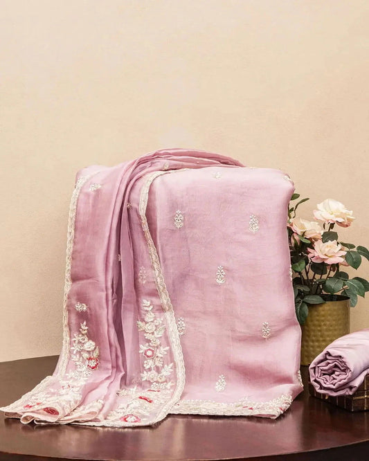 Embroidered Organza Lilac Dress Material - Pallodstore