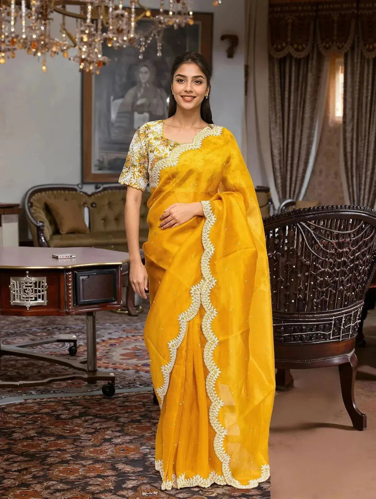 Embroidered Organza Mustard Saree - Pallodstore