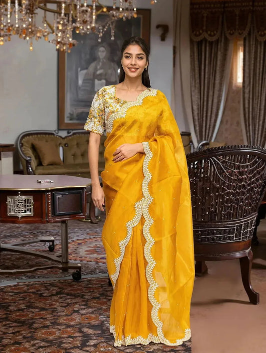 Embroidered Organza Mustard Saree - Pallodstore