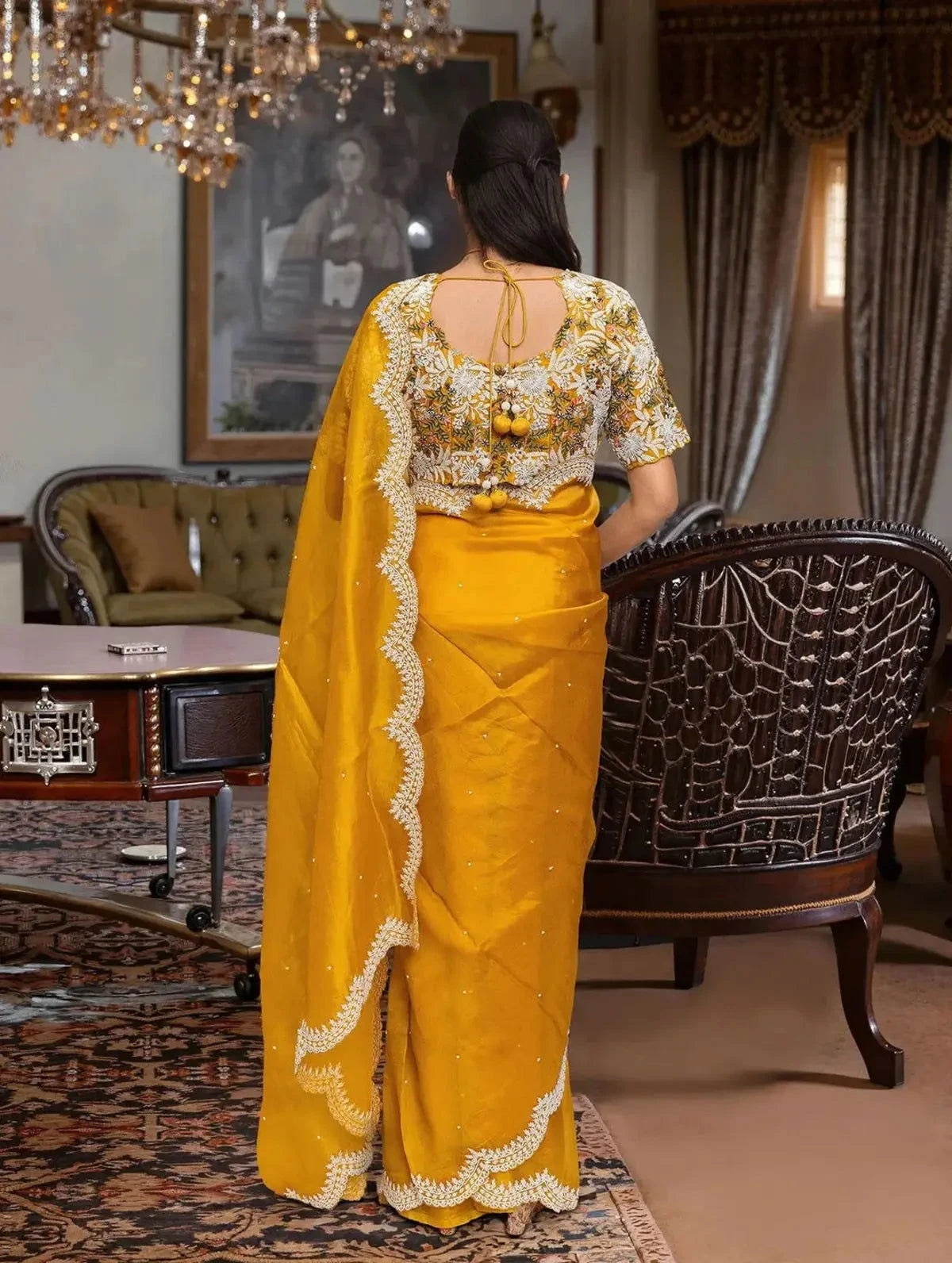 Embroidered Organza Mustard Saree - Pallodstore