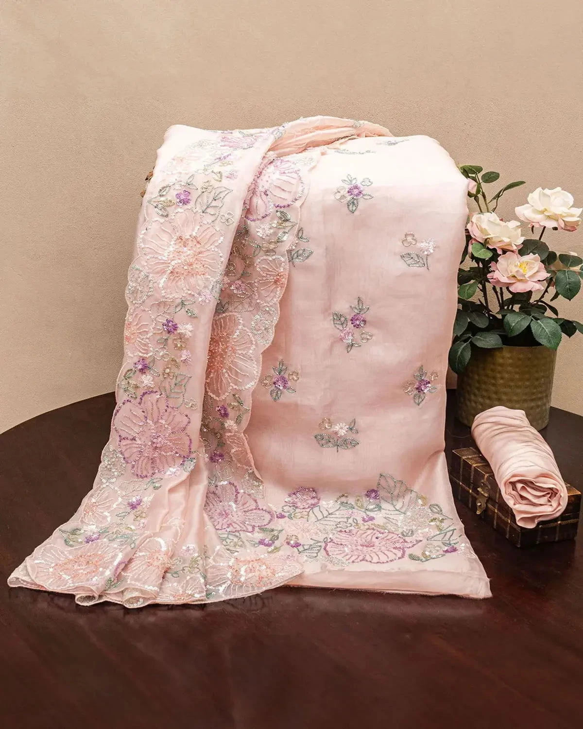 Embroidered Organza Pale Pink Dress Material - Pallodstore