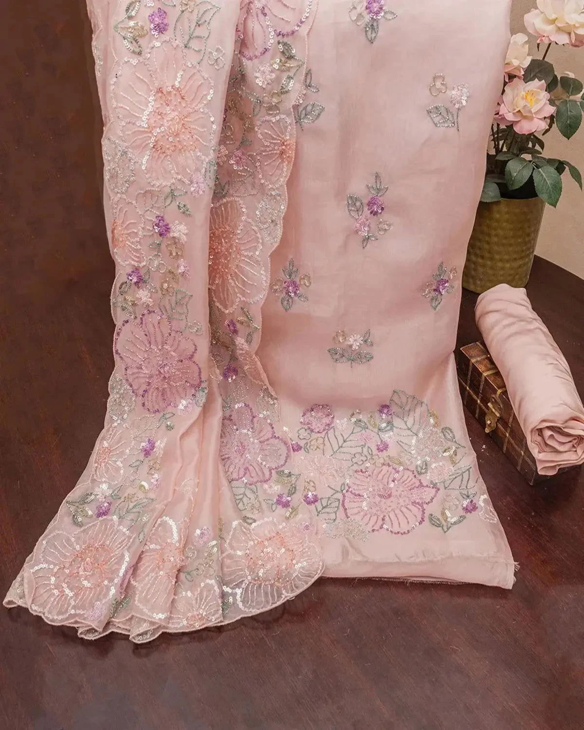 Embroidered Organza Pale Pink Dress Material - Pallodstore