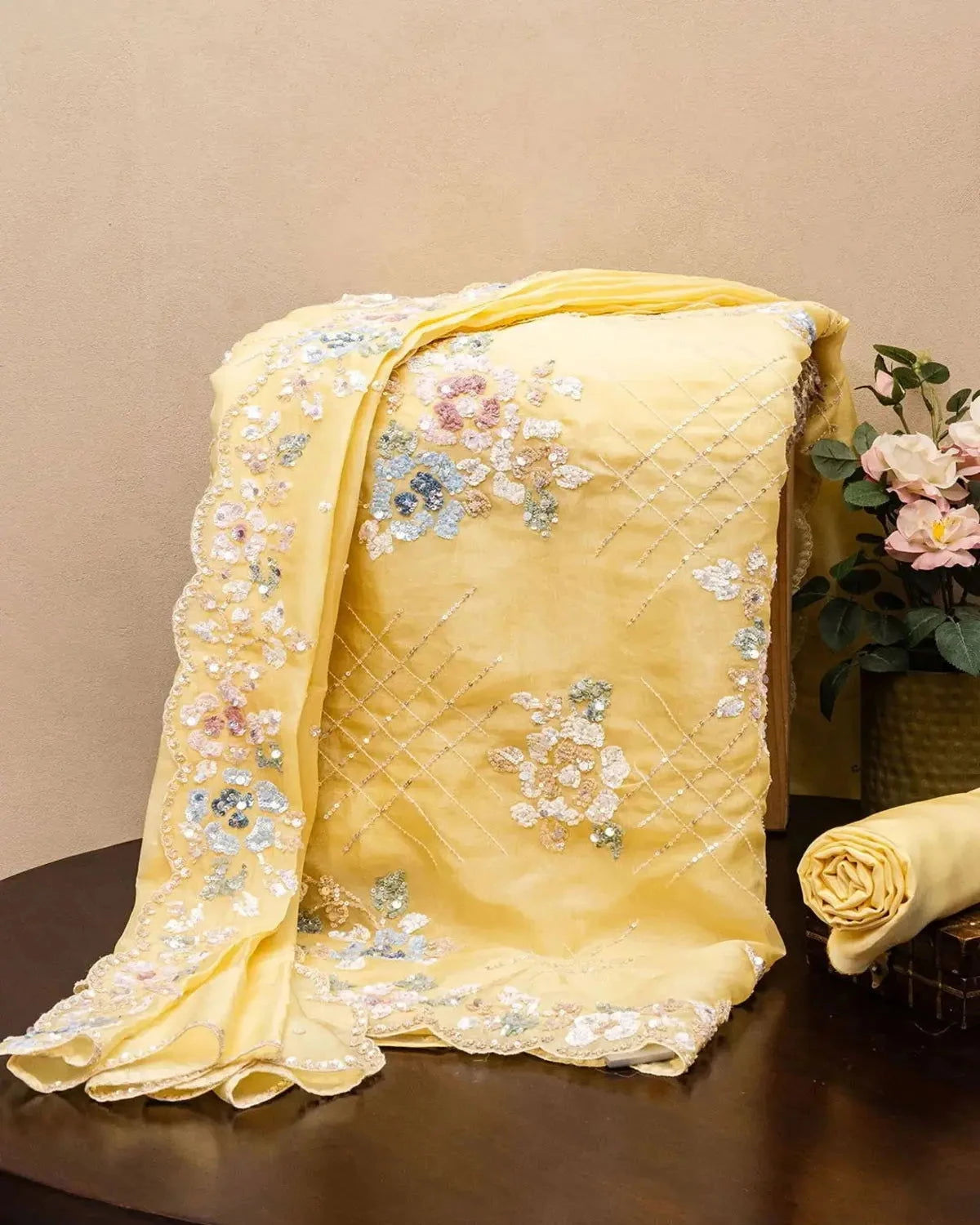 Embroidered Organza Pastel Yellow Dress Material - Pallodstore