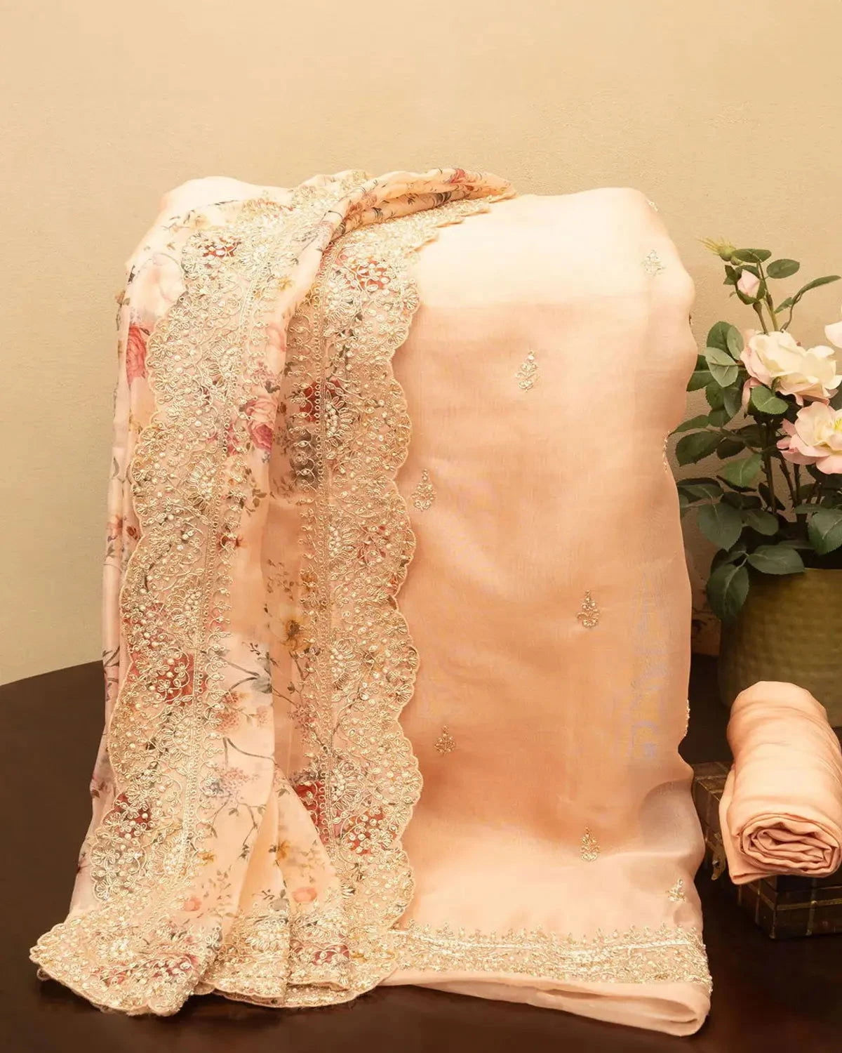 Embroidered Organza Peach Dress Material - Pallodstore