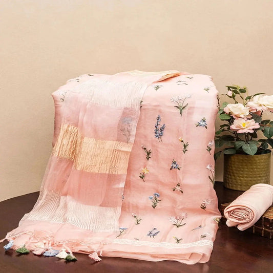 Embroidered Organza Peach  Dress Material - Pallodstore