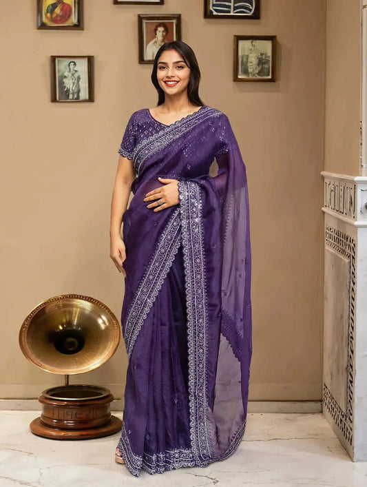 Embroidered Organza Purple Color Saree - Pallodstore