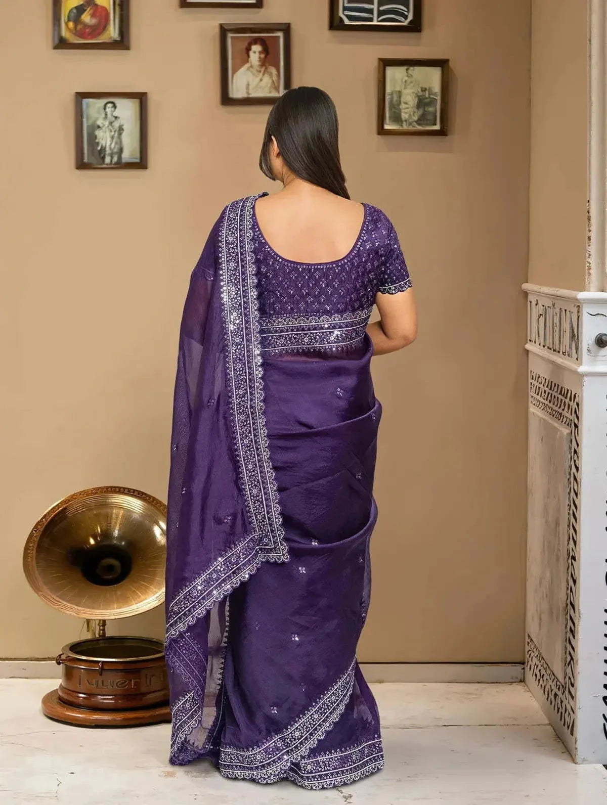 Embroidered Organza Purple Color Saree - Pallodstore
