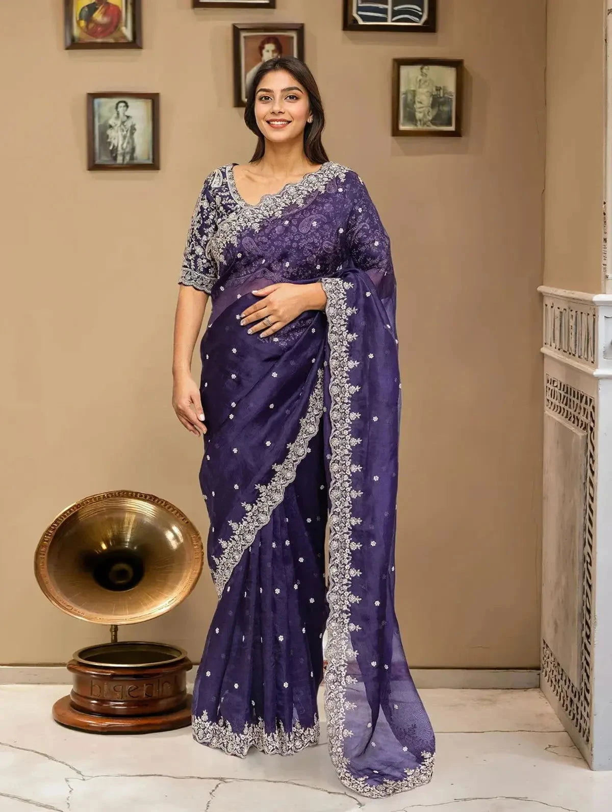Embroidered Organza Purple Saree - Pallodstore