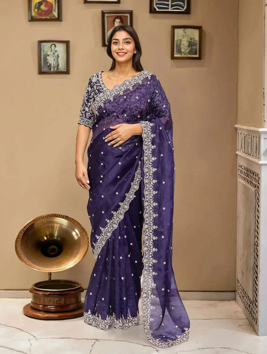 Embroidered Organza Purple Saree - Pallodstore