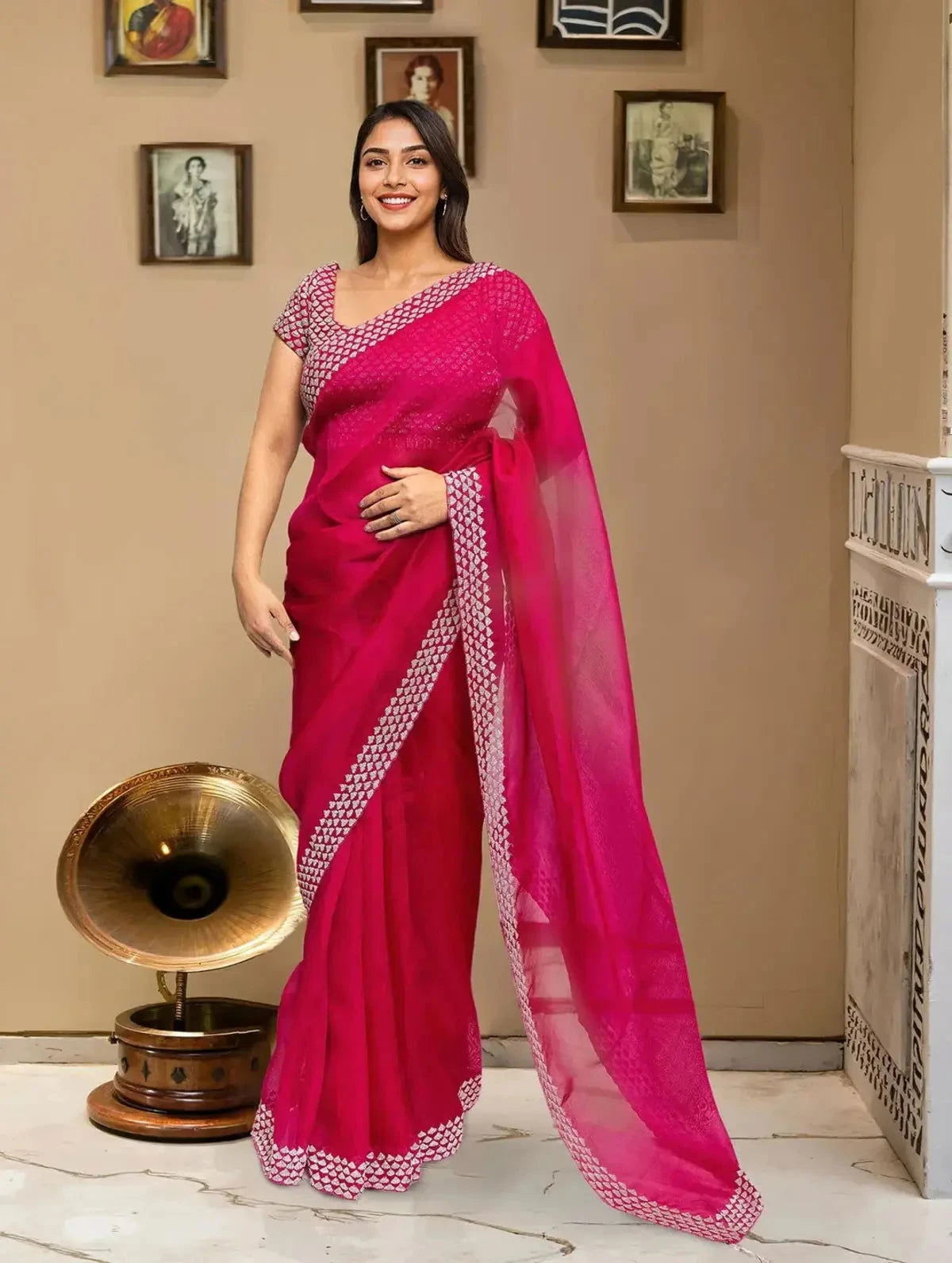 Embroidered Organza Rani Pink Color Saree - Pallodstore