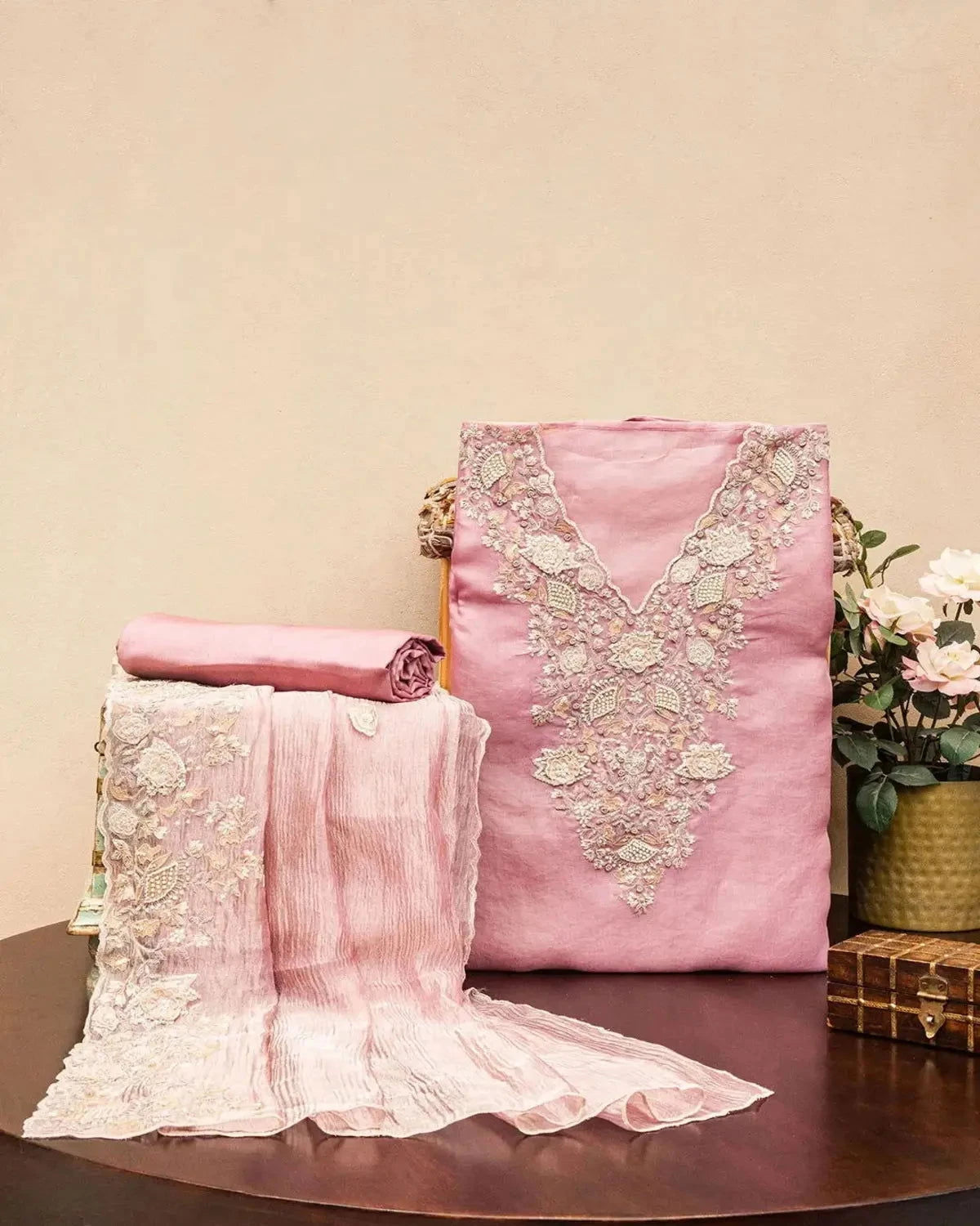 Embroidered Organza Rose Pink Dress Material - Pallodstore