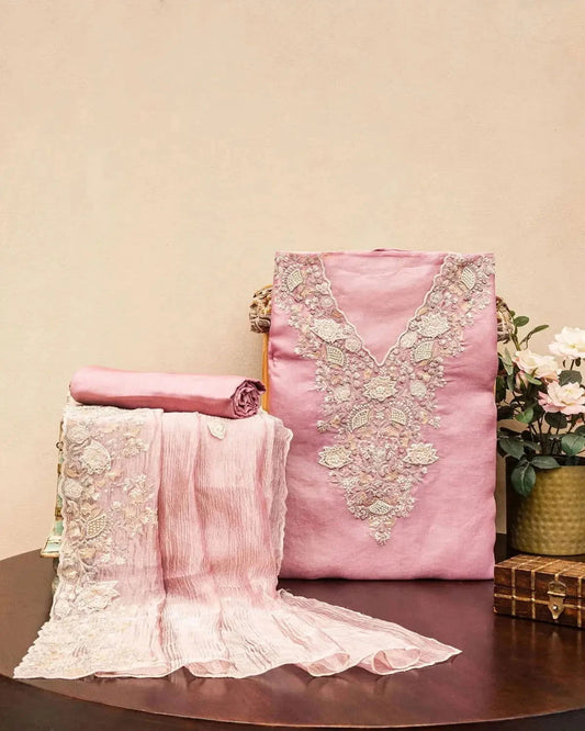 Embroidered Organza Rose Pink Dress Material - Pallodstore