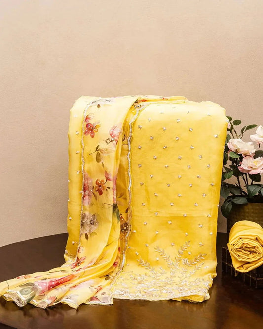 Embroidered Organza Yellow  Dress Material - Pallodstore