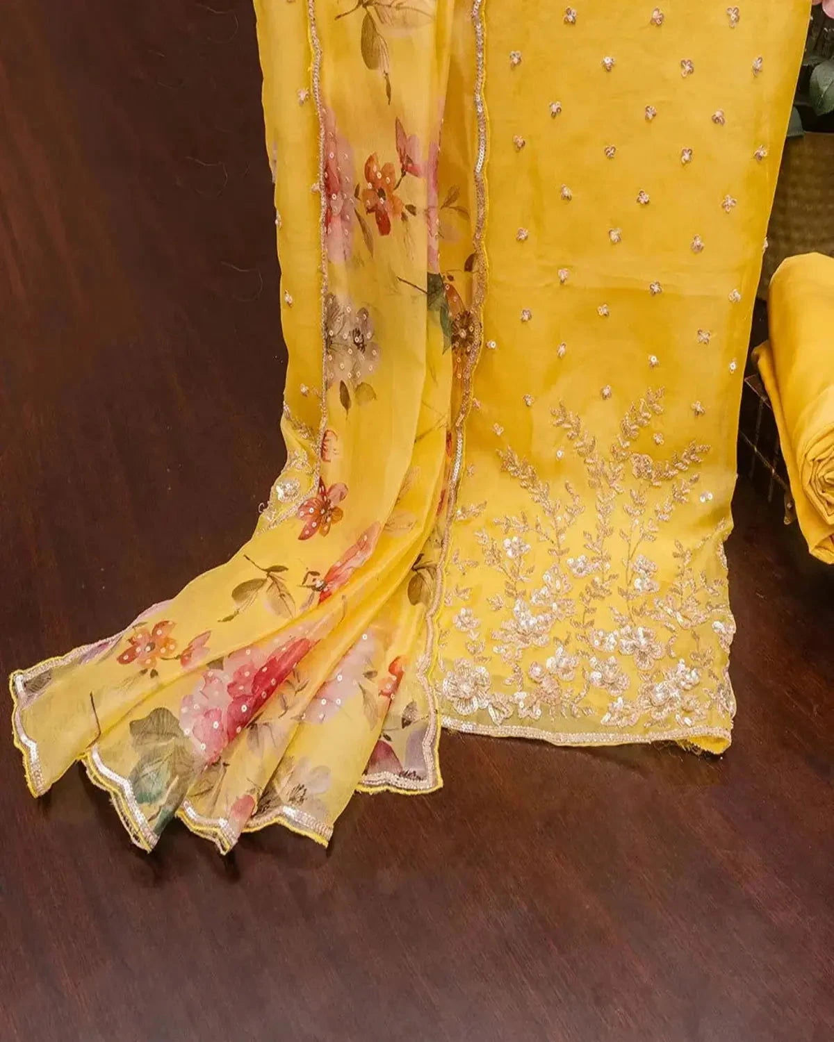 Embroidered Organza Yellow  Dress Material - Pallodstore
