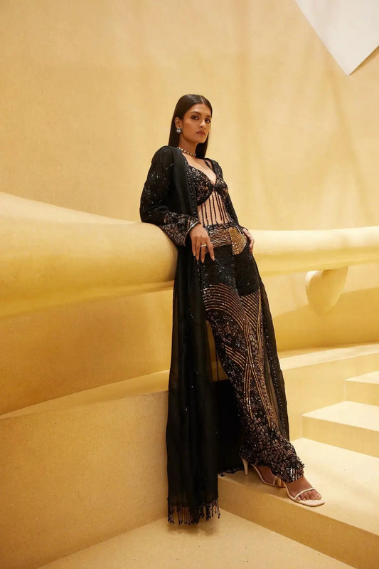 Embroidered Pant Bustier Set With Organza Long Jacket - Pallodstore