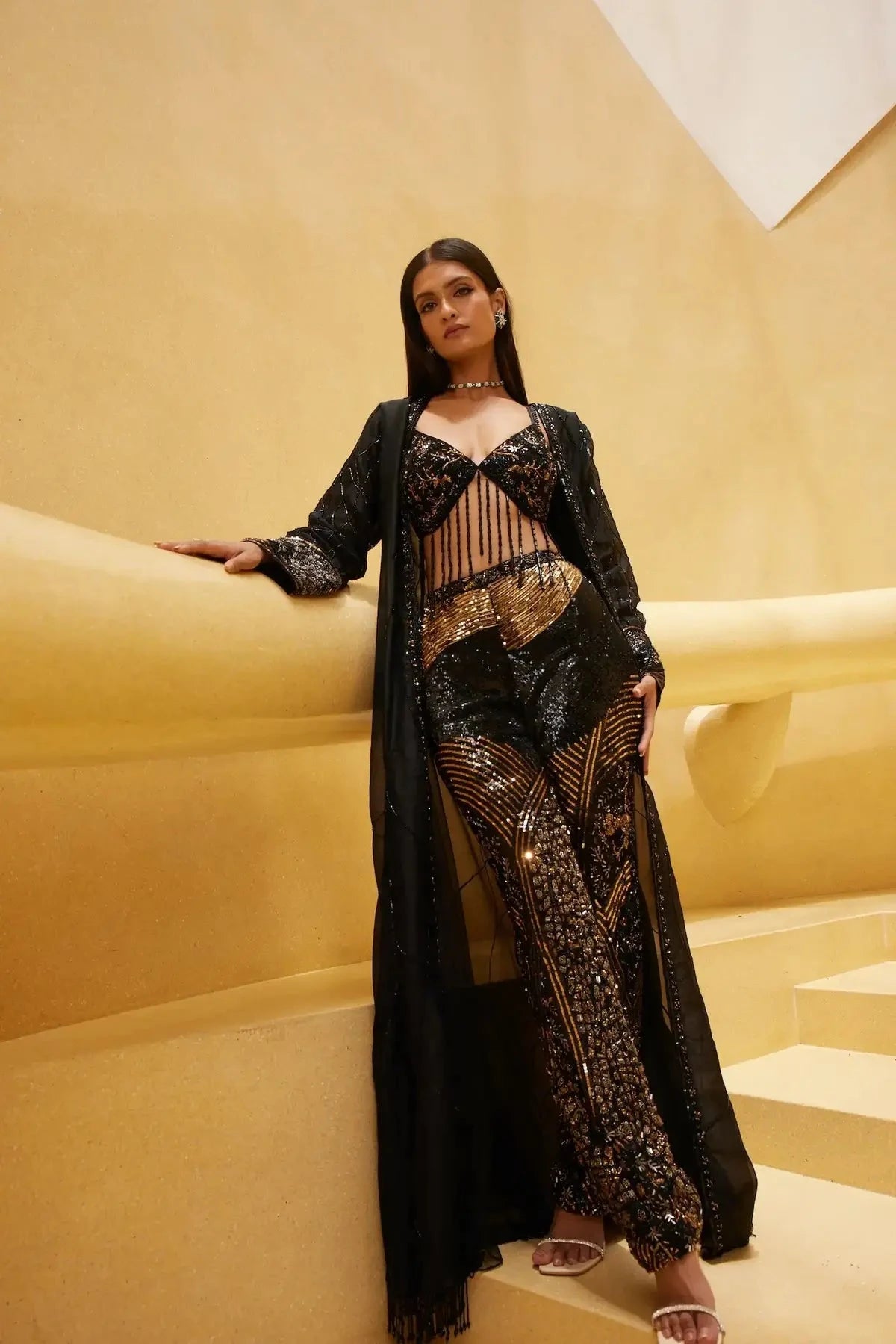 Embroidered Pant Bustier Set With Organza Long Jacket - Pallodstore