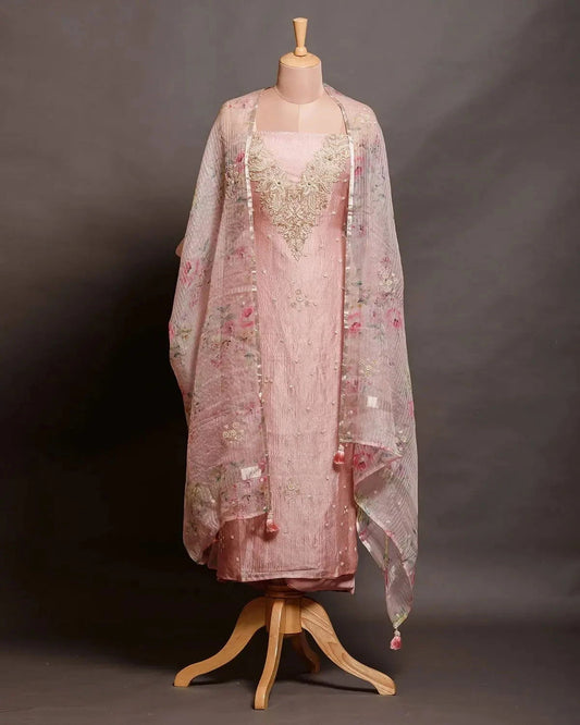 Embroidered Peach Crush Tissue Dress Material - Pallodstore
