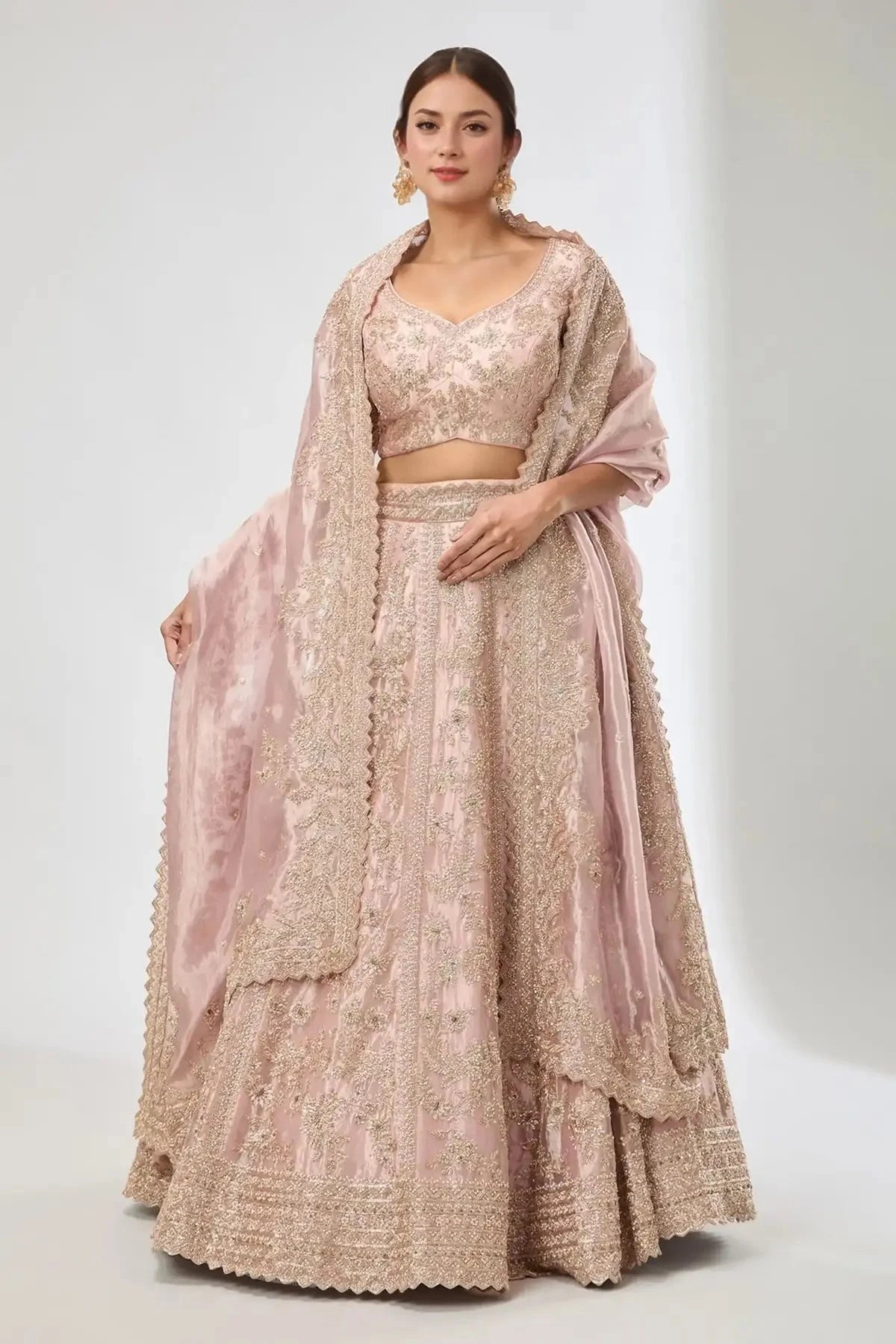 Embroidered Peach Floral Leaf Lehenga Set - Pallodstore