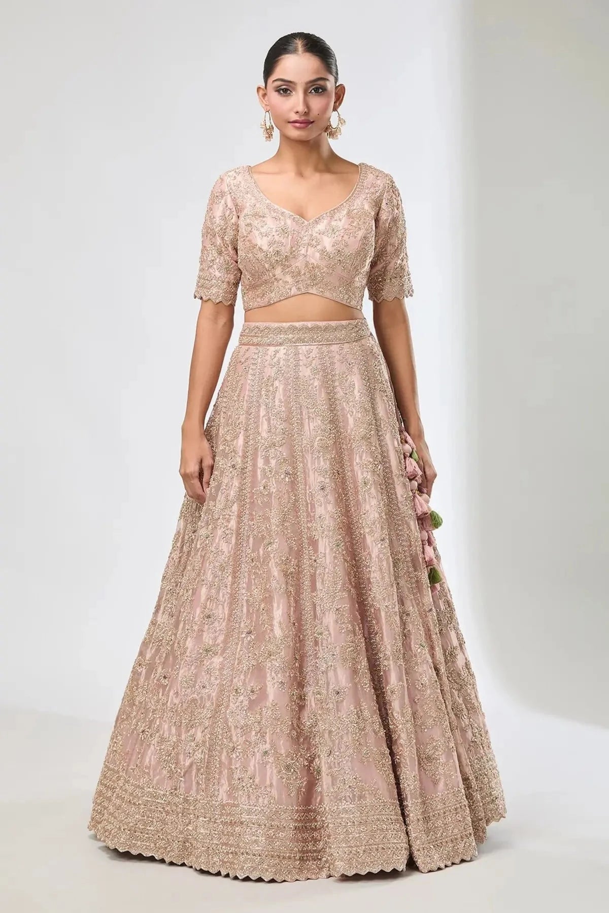 Embroidered Peach Floral Leaf Lehenga Set - Pallodstore