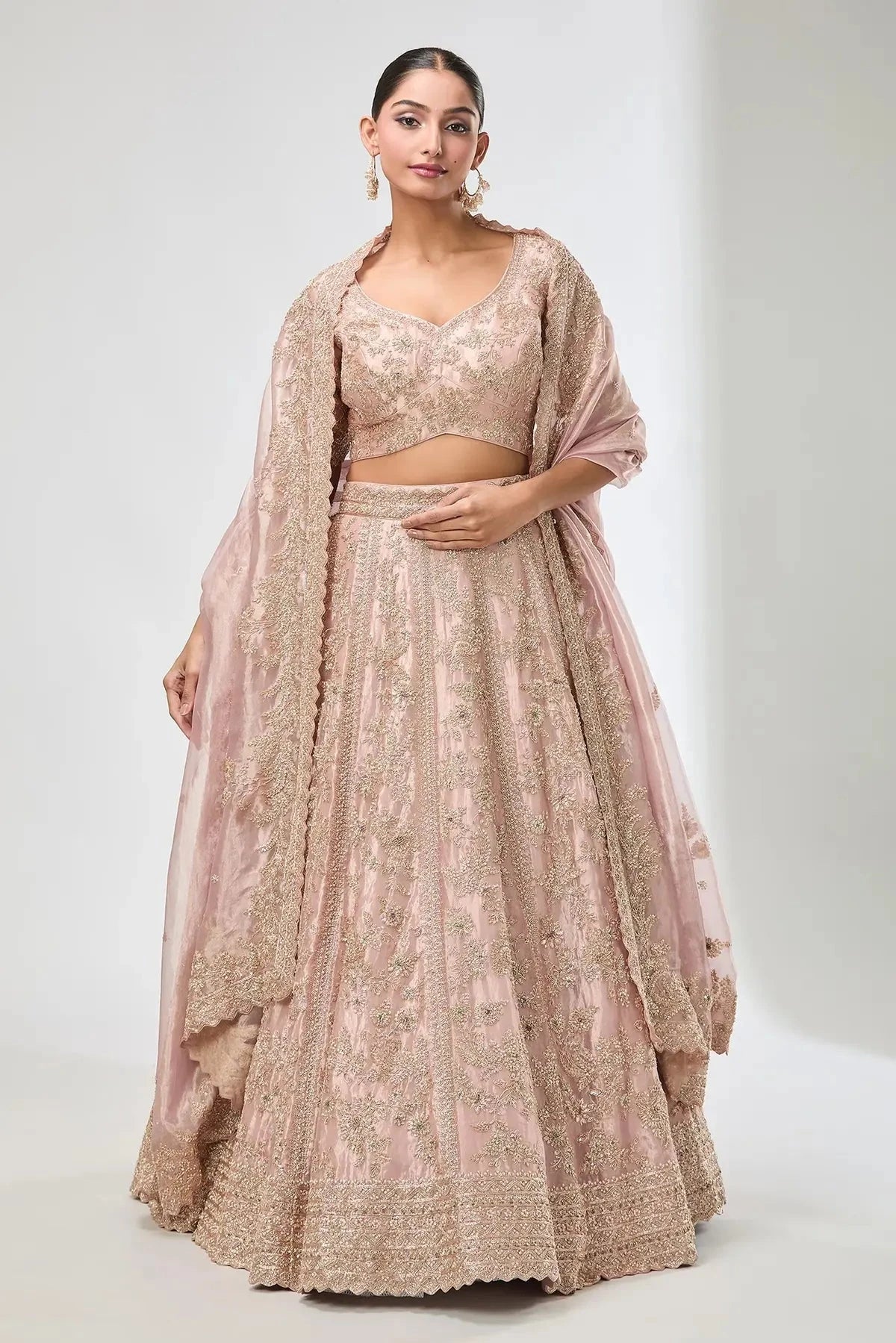 Embroidered Peach Floral Leaf Lehenga Set - Pallodstore