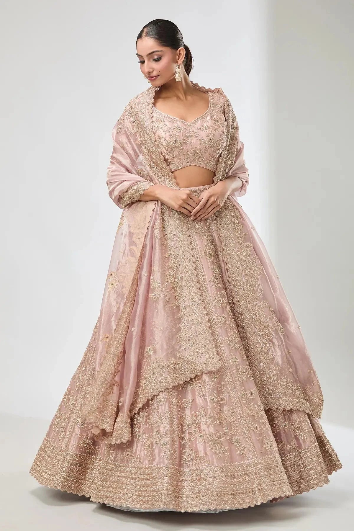 Embroidered Peach Floral Leaf Lehenga Set - Pallodstore