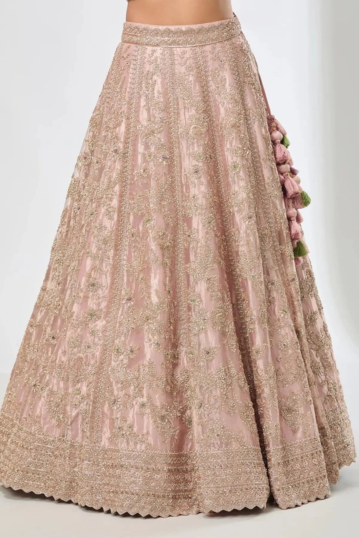 Embroidered Peach Floral Leaf Lehenga Set - Pallodstore