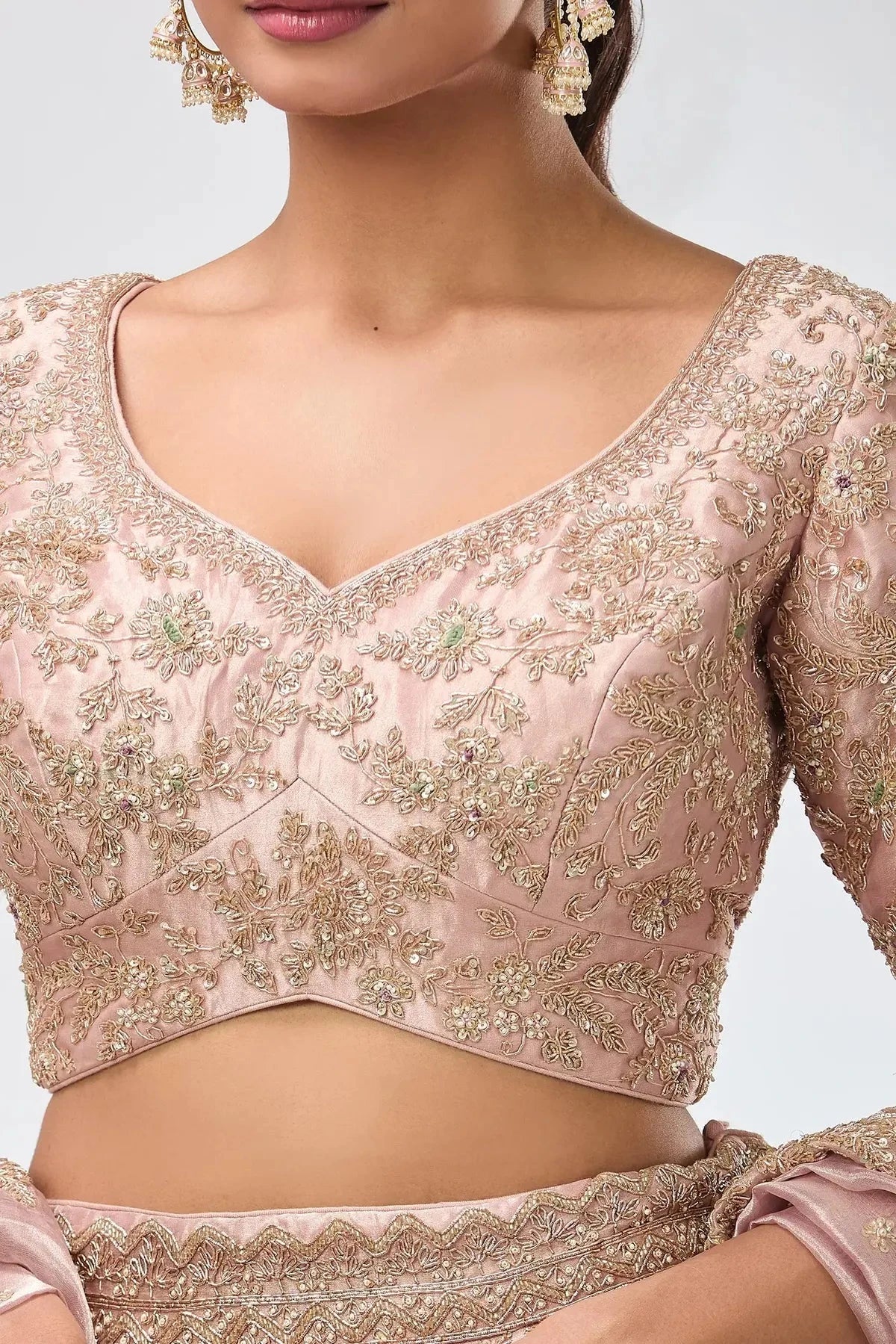 Embroidered Peach Floral Leaf Lehenga Set - Pallodstore