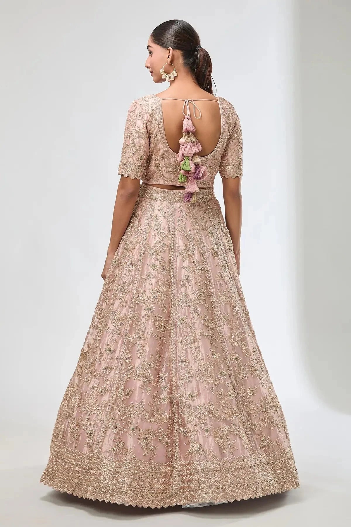 Embroidered Peach Floral Leaf Lehenga Set - Pallodstore