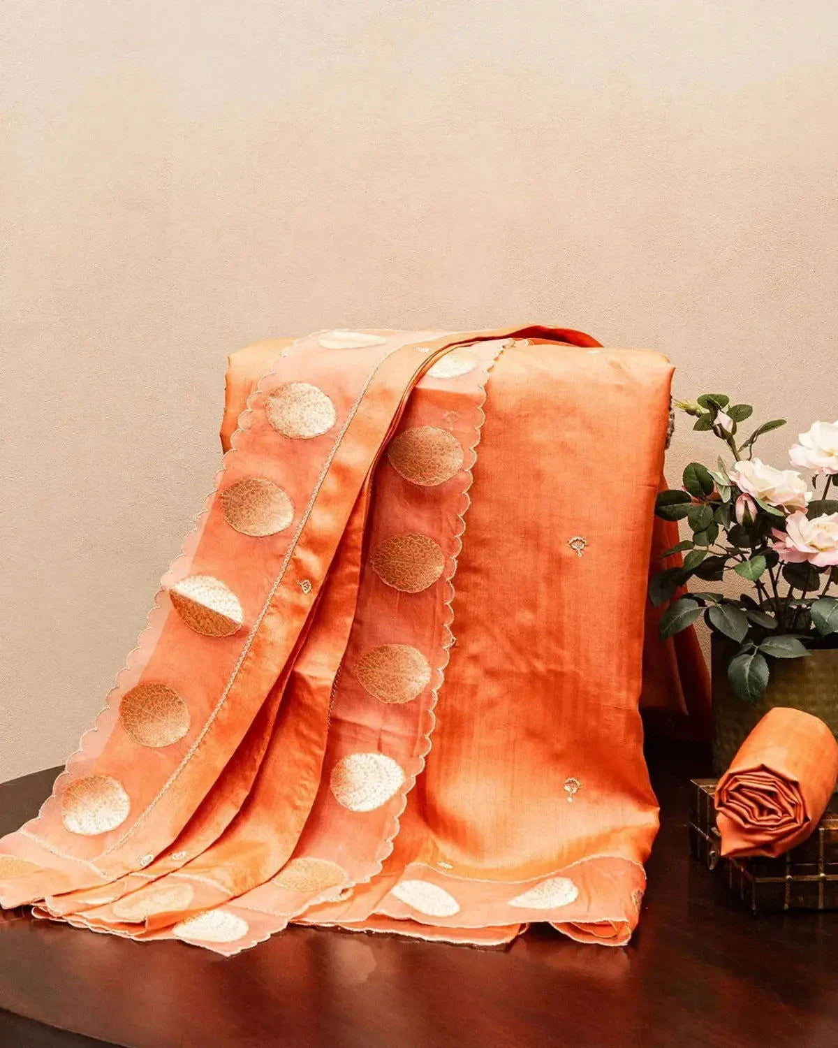 Embroidered Rust Tussar Silk Dress Material - Pallodstore