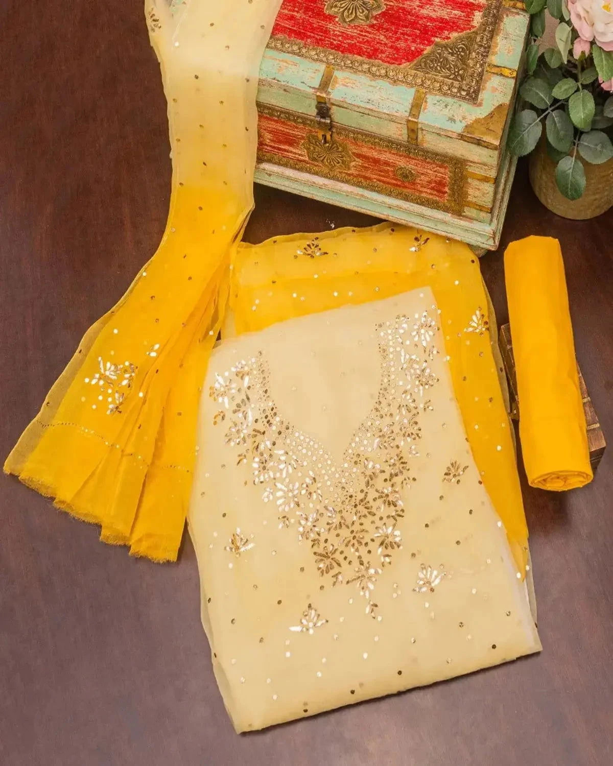 Embroidered Yellow Shaded Organza Dress Material - Pallodstore