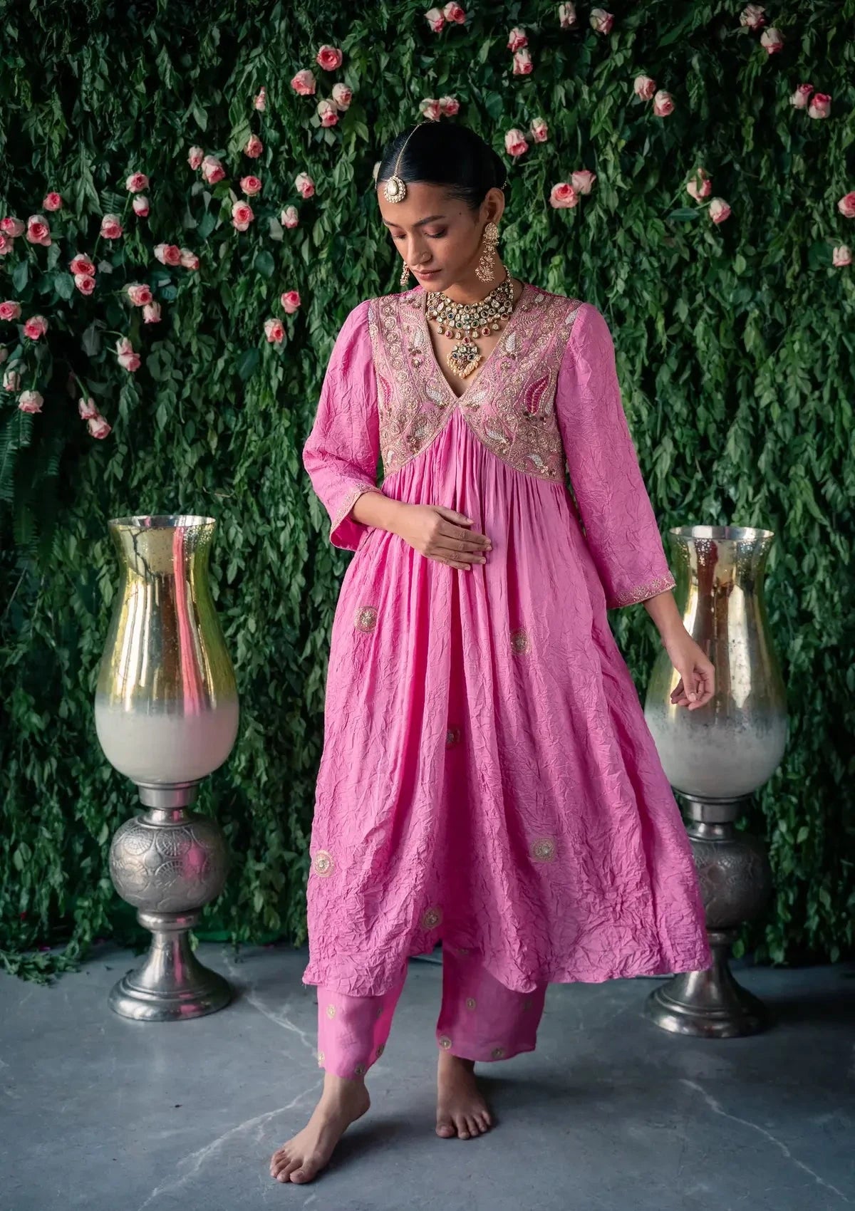 Embroidery Crushed Pink Silk Kurta With Silk Pants and Net dupatta - Pallodstore