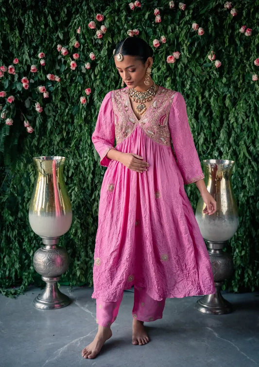 Embroidery Crushed Pink Silk Kurta With Silk Pants and Net dupatta - Pallodstore