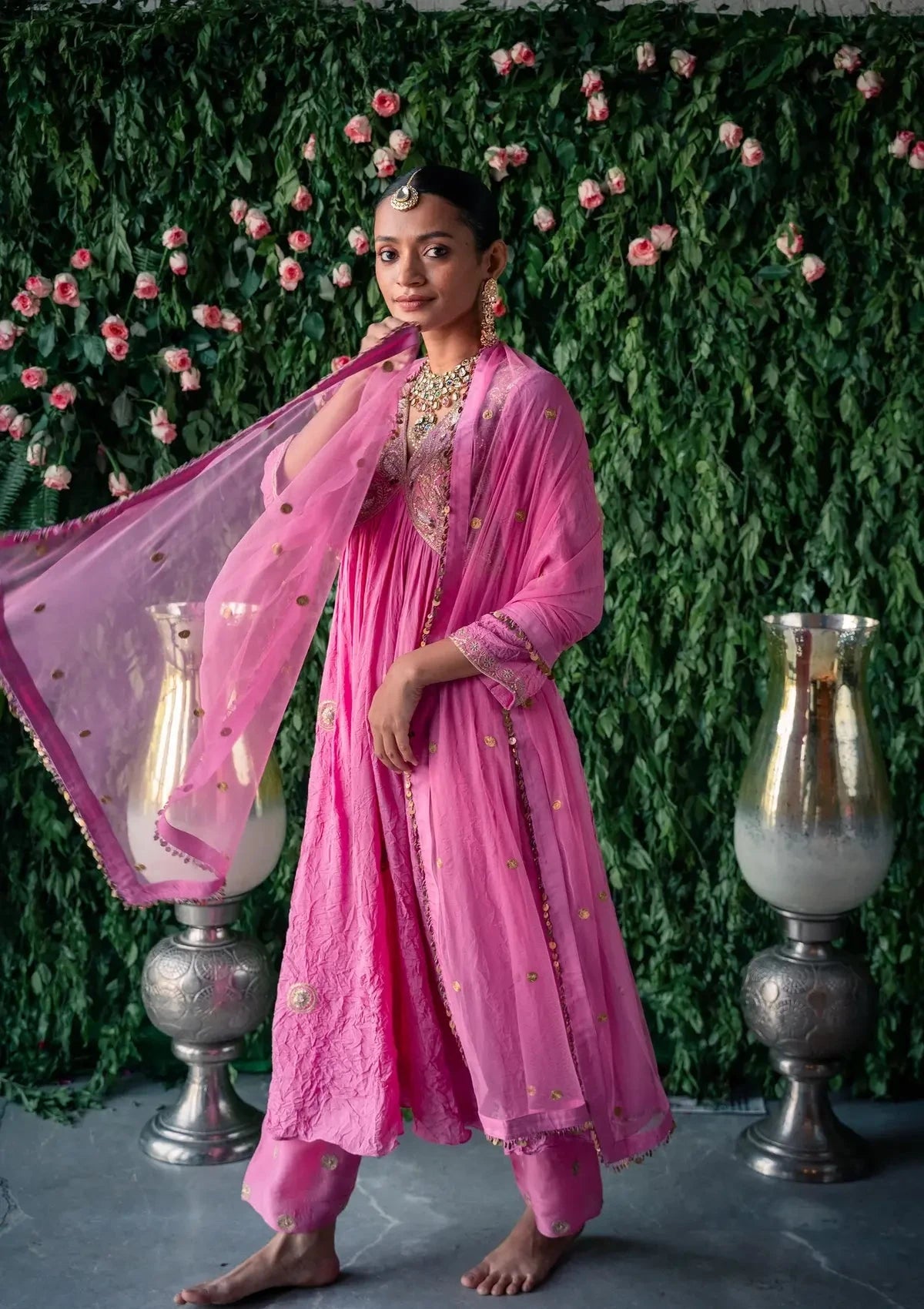 Embroidery Crushed Pink Silk Kurta With Silk Pants and Net dupatta - Pallodstore