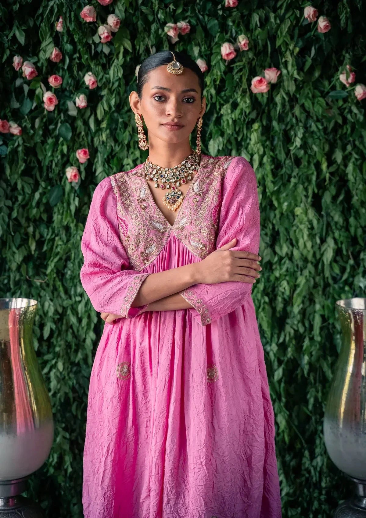 Embroidery Crushed Pink Silk Kurta With Silk Pants and Net dupatta - Pallodstore