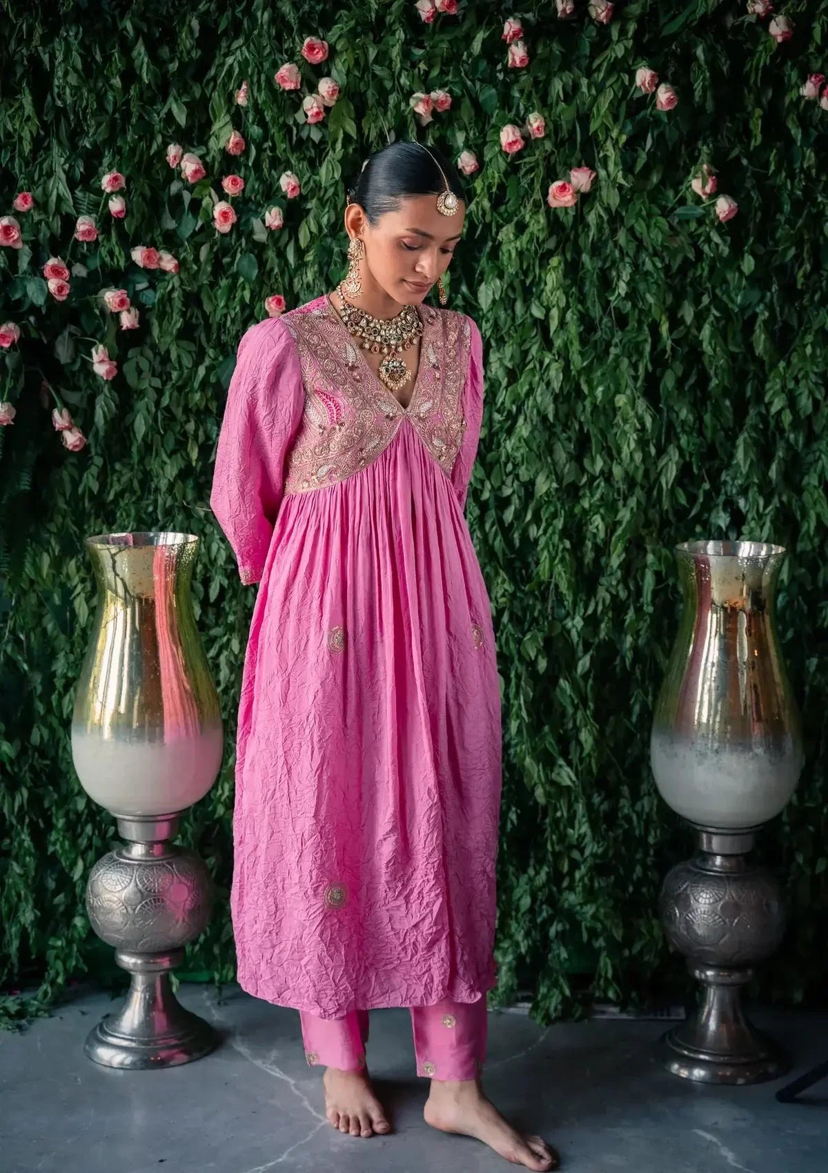 Embroidery Crushed Pink Silk Kurta With Silk Pants and Net dupatta - Pallodstore