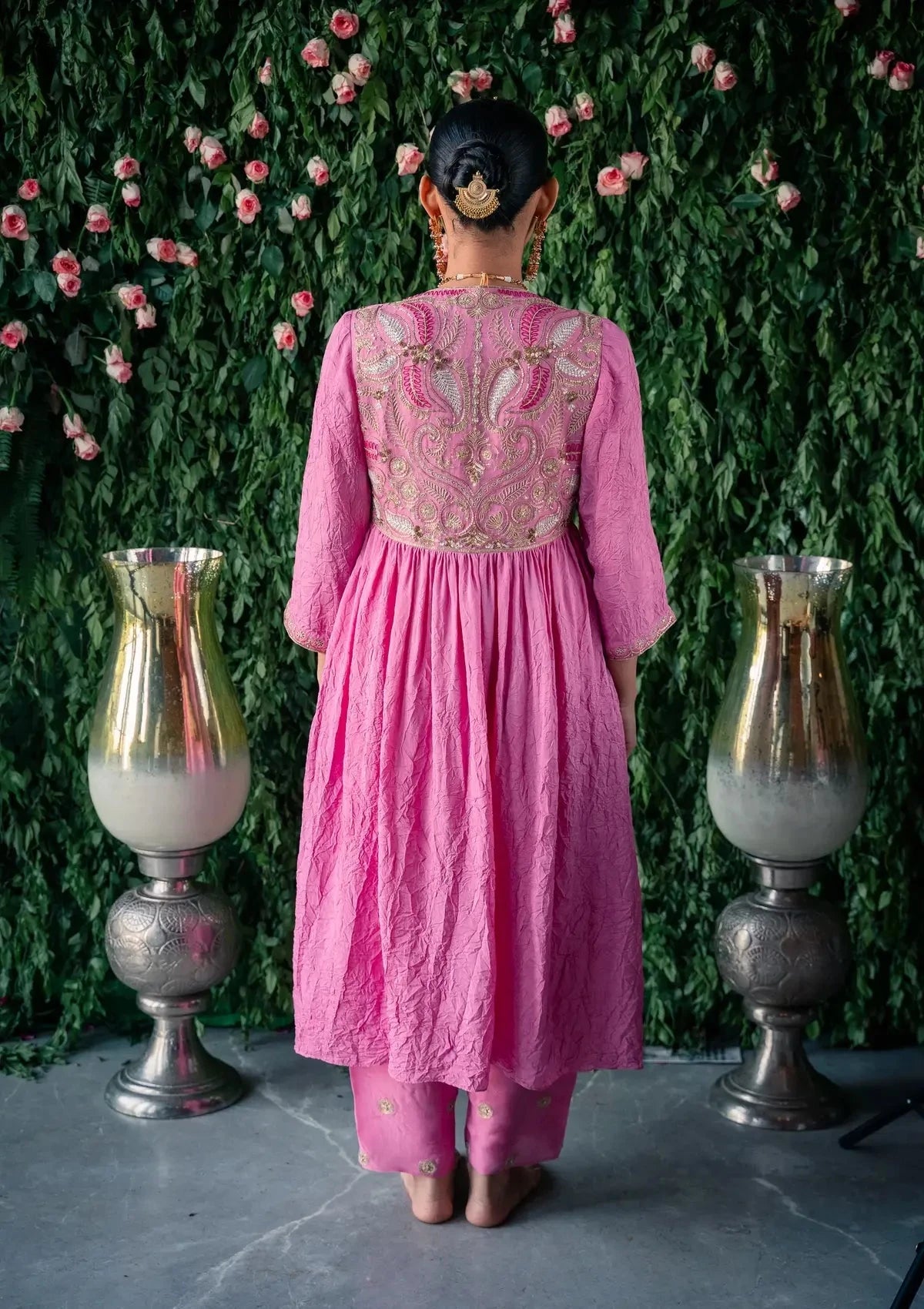 Embroidery Crushed Pink Silk Kurta With Silk Pants and Net dupatta - Pallodstore