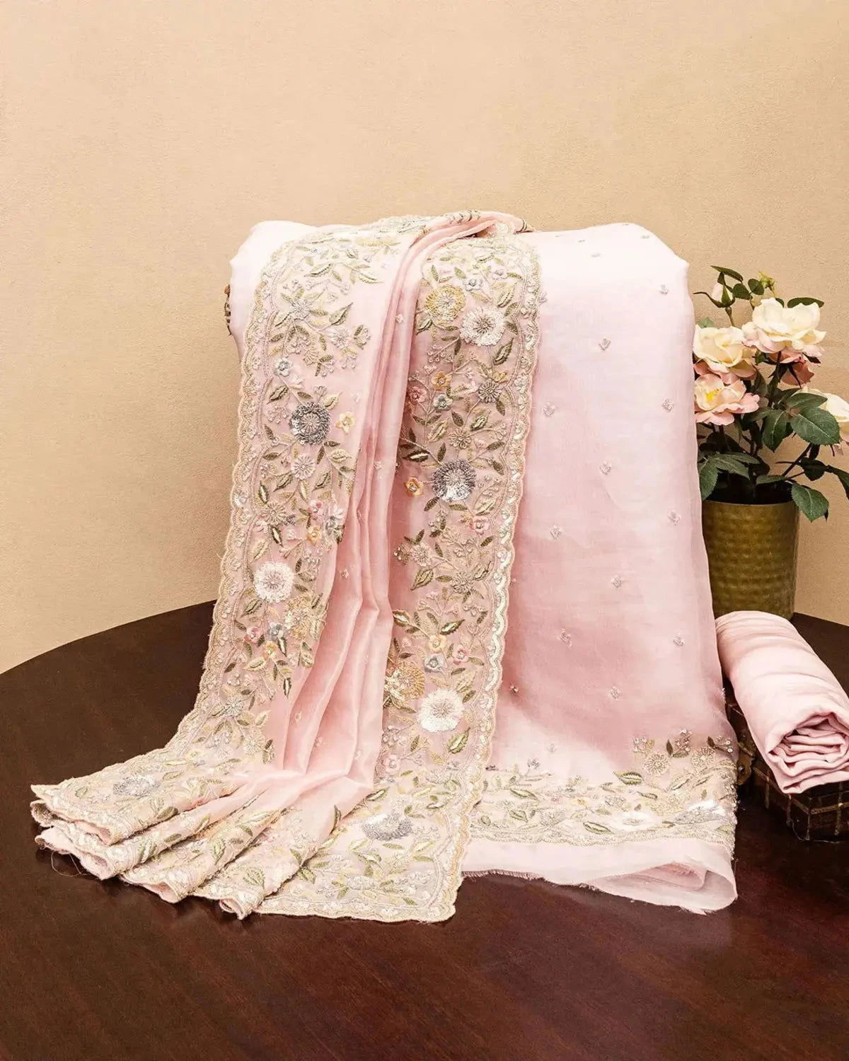 Embroidery Organza Baby Pink  Dress Material - Pallodstore