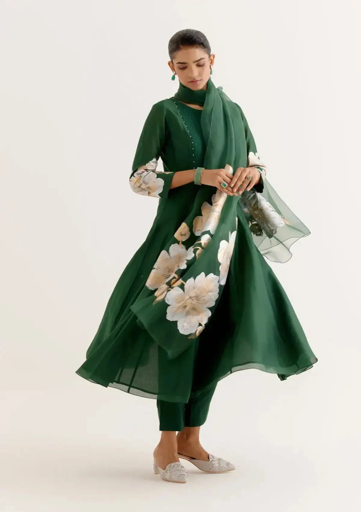 Emerald Green Hand - Printed Anarkali Set - Pallodstore