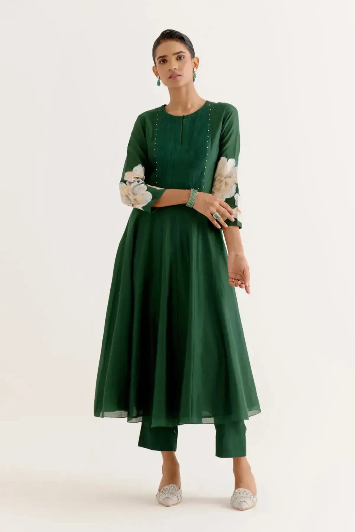 Emerald Green Hand - Printed Anarkali Set - Pallodstore